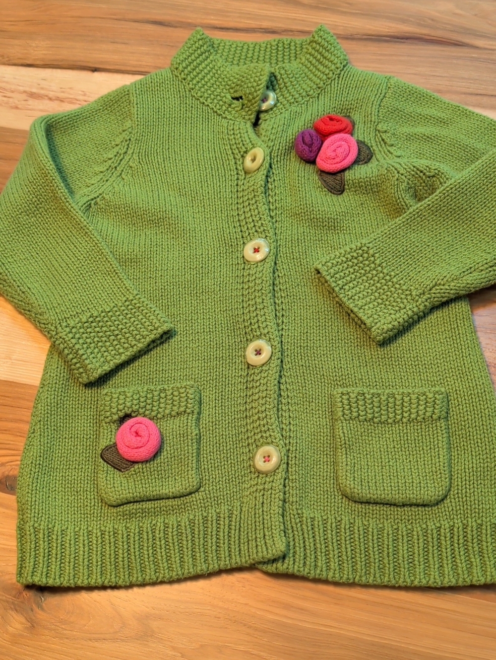 Green Knit Girls' Cardigan with Flower Appliqués